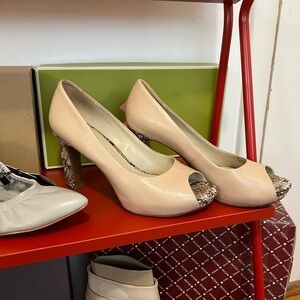 Leather Peep-Toe Pumps in Cream